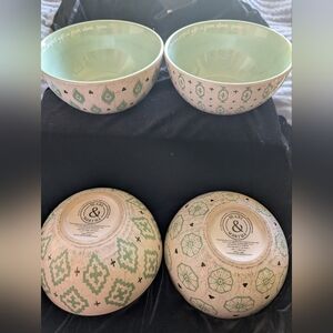 Mary and Martha Handcrafted Green & Cream Ceramic Bowls by